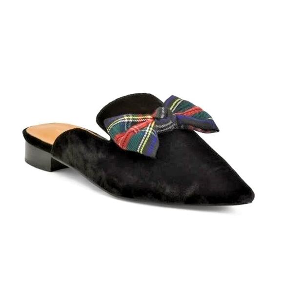INTENTIONALLY BLANK Shoes - INTENTIONALLY BLANK Tartan Black Velvet Picadeli Plaid Bow Mules Size 6 New